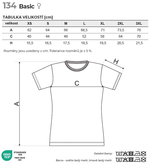 134 Basic tričko dámské Tabulka velikostí